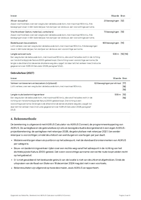 Pagina van het voorbeeldrapport met de invoer en de bron per waarde